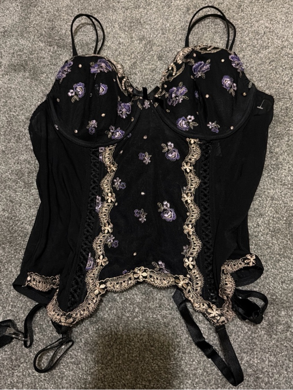delicates Black Bustier with Purple Floral Embroidery and Gold Lace